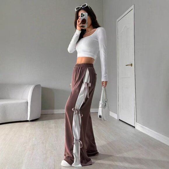 NEW Women's Casual Sports Sweatpants With Bowknot Drawstring, Coffee Br - Picture 6 of 6